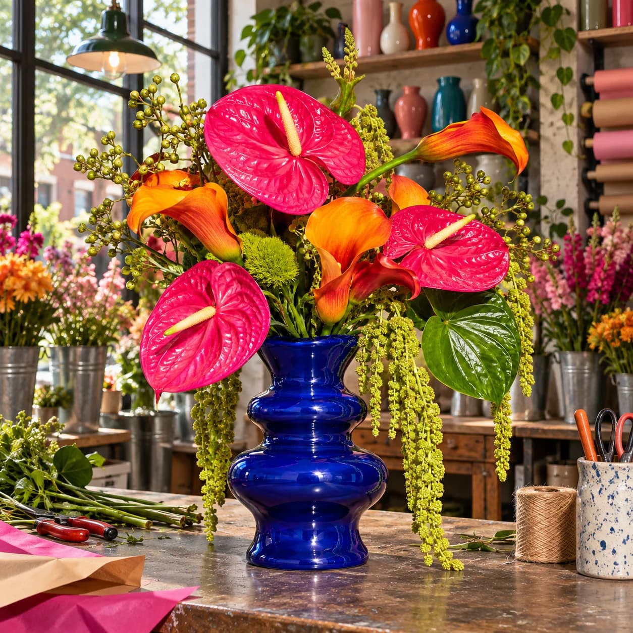 Vivid pink and orange flowers in a cobalt vase on a modern florist shop counter